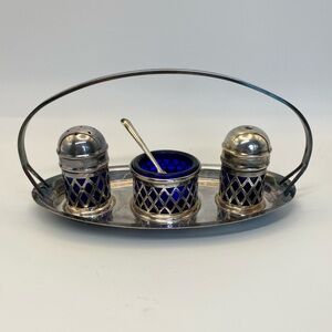 Silver plate and cobalt cruet set